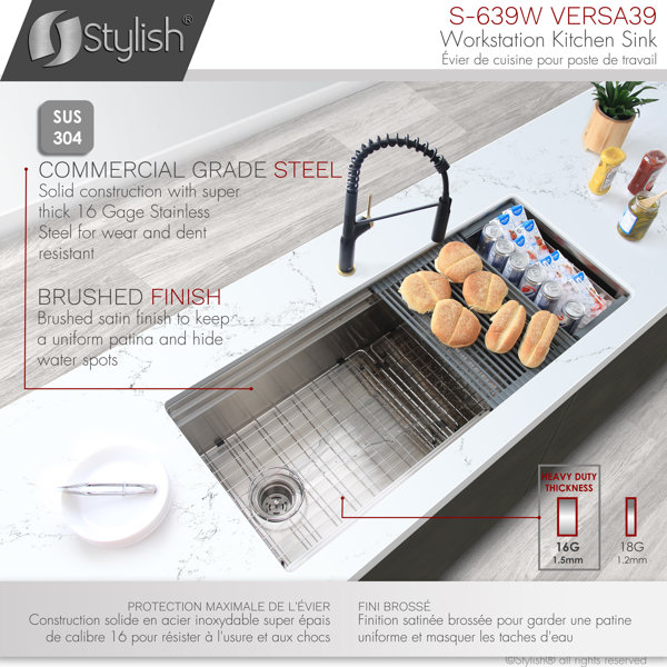 STYLISH 39 Inch Workstation Single Bowl Undermount 16G Kitchen Sink With Accessories Included 